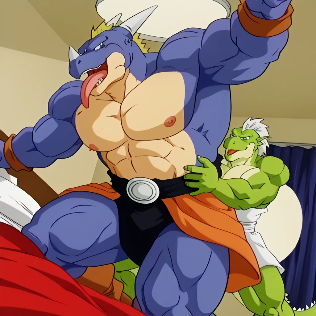 Huge muscles,((Huge erect penis)),Ashton,Robe,Red Dragon and Red Dragon,Two Dragons,紫のRobeに青いマント,Black Bandana,Her hair is chestnut brown and medium-long and straight.,Wield a small sword,Massive ,A crying face enduring pain,宝石の装飾がついたRobe留め,Bodysuits、Big Fire