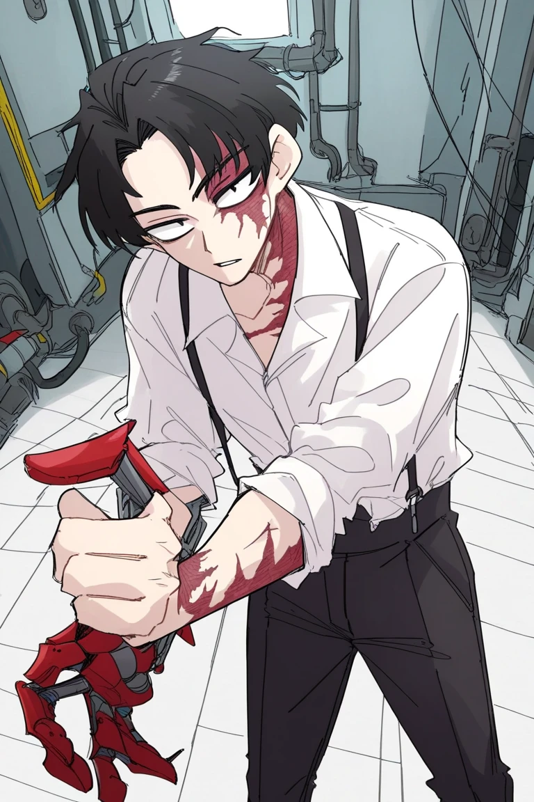A male with medium-length black hair (tied into a ponytail), blood-red eyes, slightly pale skin, a slender figure, an evil expression (the corners of his mouth are raised),Prisoners (in prison uniforms), detailed scenes (in cells, chained)