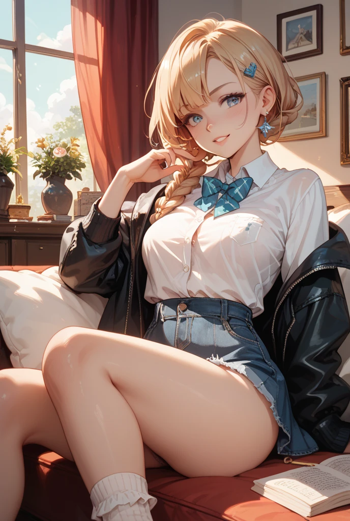 absurdres, (masterpiece, best quality), (ultra-detailed), extremely detailed, super high resolution, (Top Quality photorealistic Illustration), (Super Definition), (best quality,masterpiece:1.0),(cute illustration:1.3), (high Saturation:1.2), highres, ultra-detailed, 32k,8k resolution, intricate details, cinematic scene, detailed background, detailed background,(masutepiece:1.2), (Best Quality:1.2), hyper detailed illustration, beautiful artwork，(Extreme detail CG Unity)， (8K Wallpaper)、(exquisite lighting and shadow)、(highly dramatic picture)、(cinematic lens effects),strong light coming in， BREAK 1 girl, (aaerika:1.8),cute girl, (round face:1.6), (baby face:1.6), (kawaii:1.6), (cute:1.6), (loli face:1.6), (round eyes), (ultra-detailed brilliant big eyes), (large pupil), ((shiny skin)), ((pale skin)), (shy), (blush), smile, BREAK baby pink eyes, long hair, twintails, hair ribbon, , neck ribbon, collared shirt, BREAK(open shirt:1.6), (show off nipples:1.8), (exposing bare breasts:1.8), (exposed chest:1.8), (no bra:1.3),medium breasts, (small nipples:1.2), (small areolas:1.2),white jacket, black skirt, pleated skirt,(floating skirt),(very extremely small panties),(pussy line), Hands between legs，(Sitting on the sofa)，knees up, Big smile