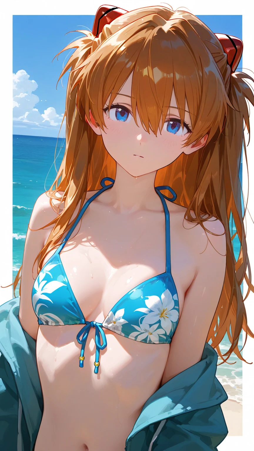 1girl,asuna yuuki,armpits,arms behind head,bikini ,breasts ,brown eyes,brown hair ,closed mouth,collarbone,large breasts ,long hair,looking at viewer,navel,partially submerged,red bikini ,smile,solo,striped,striped bikini,swimsuit ,very long hair ,water, realistis