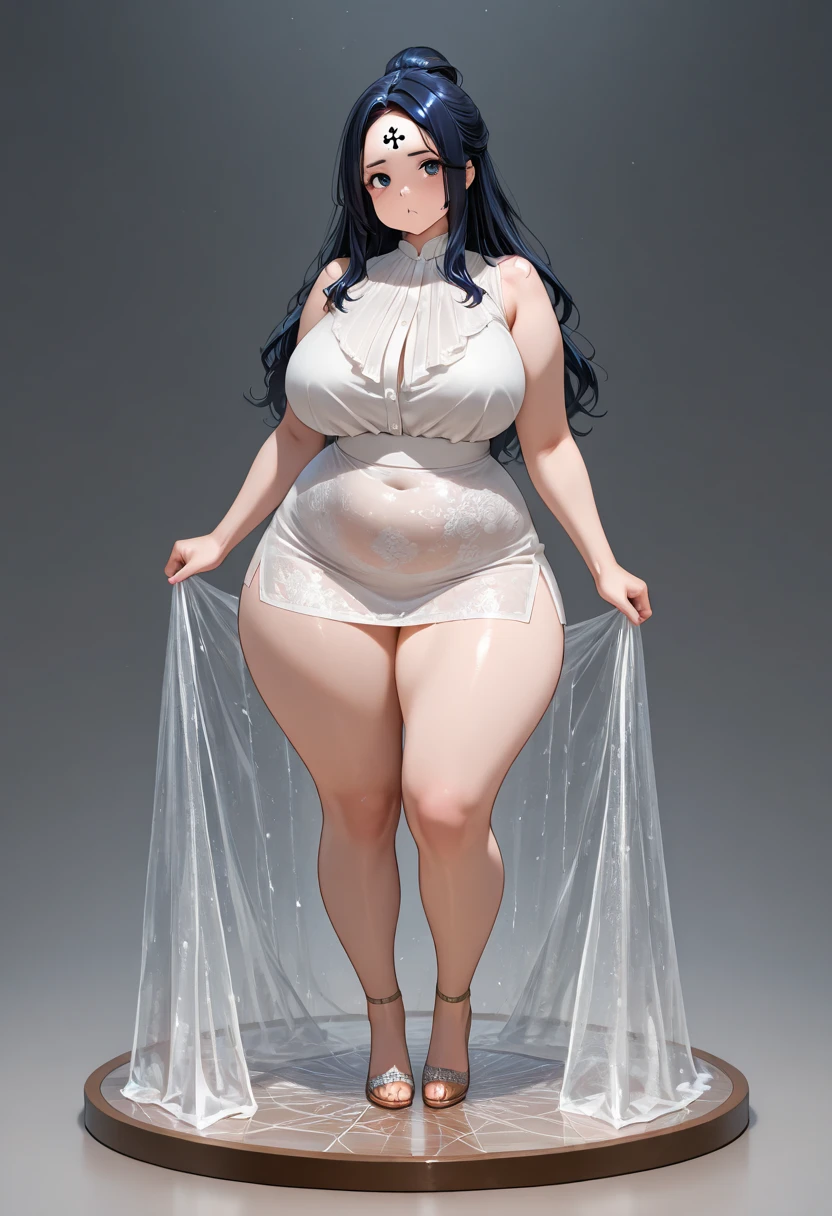 (masterpiece, best quality:1.2), coffeeslice, 1girl, long hair, solo,very long hair, smile, full body, parted lips, (realistic, photo-realistic:1.37), (8k, RAW photo, best quality, masterpiece:1.2), simple background, ultra-detailed, physically-based rendering, kodakvision color, bokeh, sharp focus, (solo:1.4), best quality, extremely detailed face, extremely detailed eyes and face, beautiful detailed eyes, 1girl, solo, veyle_engage, long hair, black and white hair, purple eyes, dress, absurdres, incredibly absurdres, masterpiece, best quality, realistic, sharp image, simple background, (1girl:1.6), belly, big belly, huge belly, bellyheavy, plump, fat, curvy, sciamano240, soft shading, detailed, semi-realistic,massive breasts, deep cleavage, very wide hips, massive fat round ass,