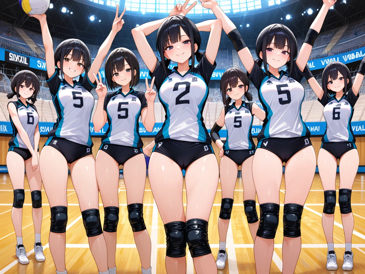unity 8k wallpaper, anatomically correct, (((masterpiece))), (((best quality))), (((ultra detailed))), (((high-resolution))), ((super fine illustration)), ((Ultimate cutie)), ((detailed beautiful face)), perfect hands, perfect finger, (((good anatomy))), BREAK, multiple girls, lovingly gaze, harem, group picture, 17 years old, (potbelly), (Curve), medium breasts, ((thick thighs)), Shiny hair, (((coquettish smile))), (((blush))), BREAK, Adidas, Sleeveless collared Volleyball Uniforms, ((wristbands)), BREAK, (Hold the beautiful spherical 6-inch volleyball), ((Sweat)), (perspired), (Heavy breathing), in gymnasium, in volleyball court, depth of field, strong light, cowboy shot,,