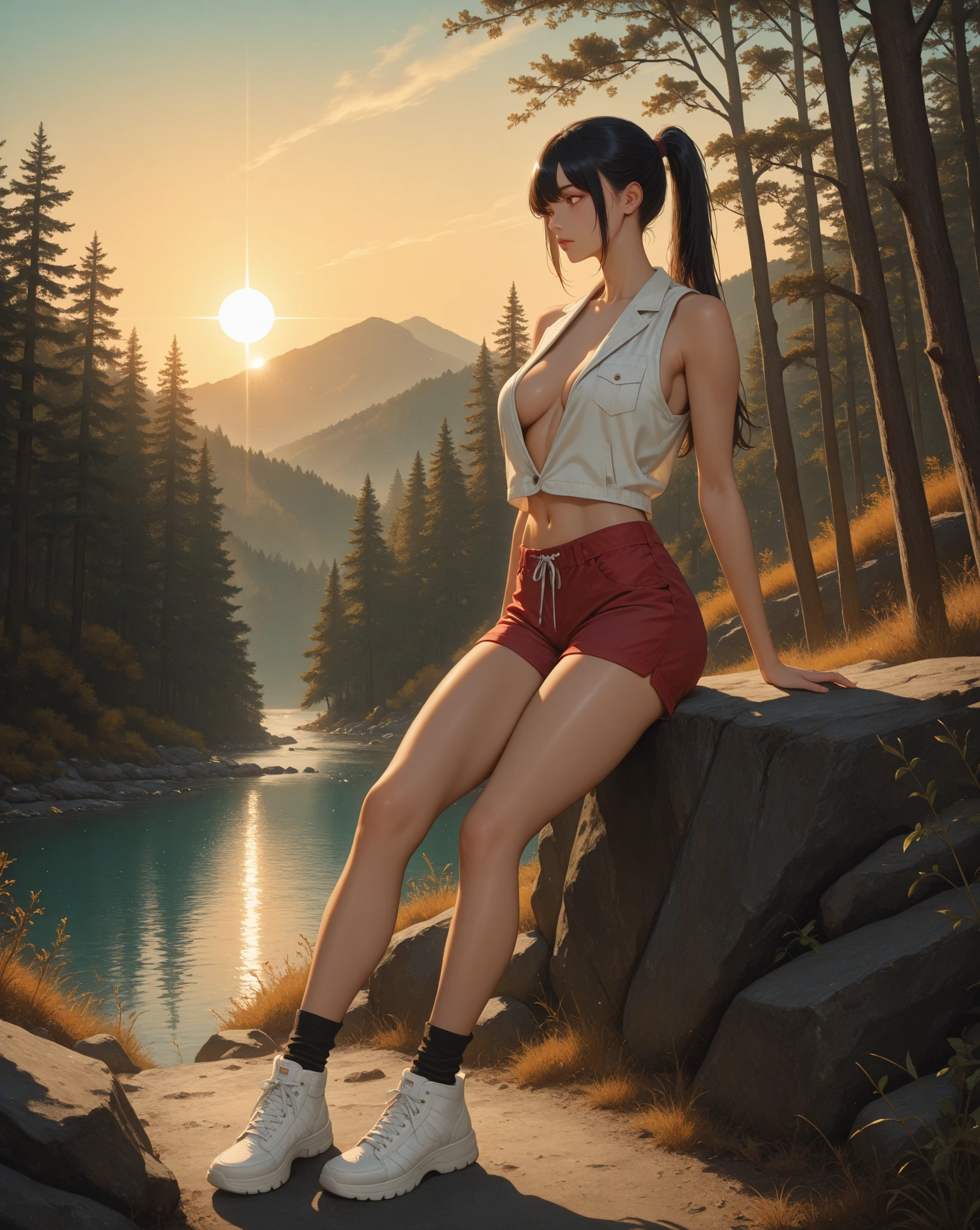 ((Best quality)), ((masterpiece)), (detailed), ИдеальButе лицо , black hair , purple eyes , young girl 17, , sexy pose ,Cute , cute body ,black hair , long hair , lolita hat ,, black T-shirt, the forest , the forest background , skirt,, the forest, elf ears, Magic , black hair, , Mountain landscape , fog , view from above ,But, Sun Ray,sunset,red panties, vagina ,How, black hair, lying on the grass, Putting , sleep