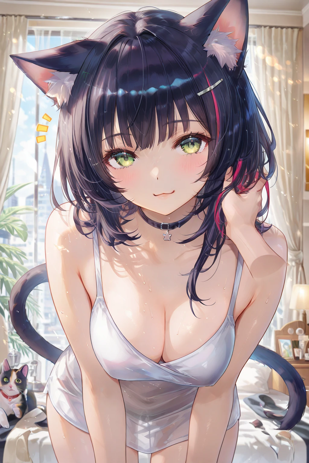 (Best quality, 8k, 32k, Masterpiece, UHD,:1.2),RAW, 2girls,ultra cute , natural lighting,transparent shining eyes, 20yo,medium breast ,fair complexion ,flushed face, Black Micro bra and panties, lace bra and panties, sexy bra and panties, ((all fours)), cat ears, cat tail, kneeling, emphasizing breasts, From the front, Garter belt, emphasizing the Cleavage