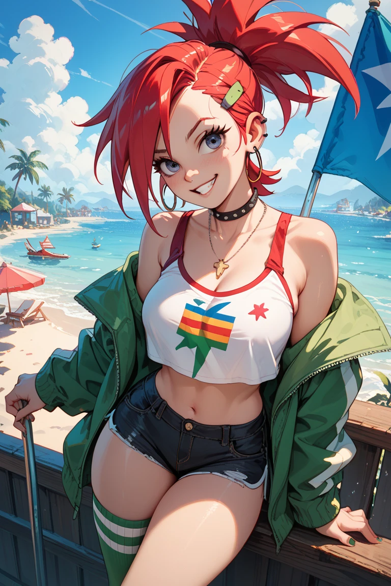 Sunsethuman, female, two tones of hair, red and yellow hair, Bikini bottom, girl in a jersey, short jersey, underboob, thighs