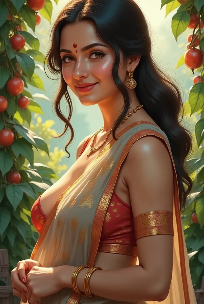 Beautiful indian woman, portrait, bra and skirt, detailed face, cute, big eyes, iconic, photorealistic, fruit market, medieval times, detailed background, big chest, big belly, braid hair, semi body, symmetric face, masterpiece, 8k, ultra realistic