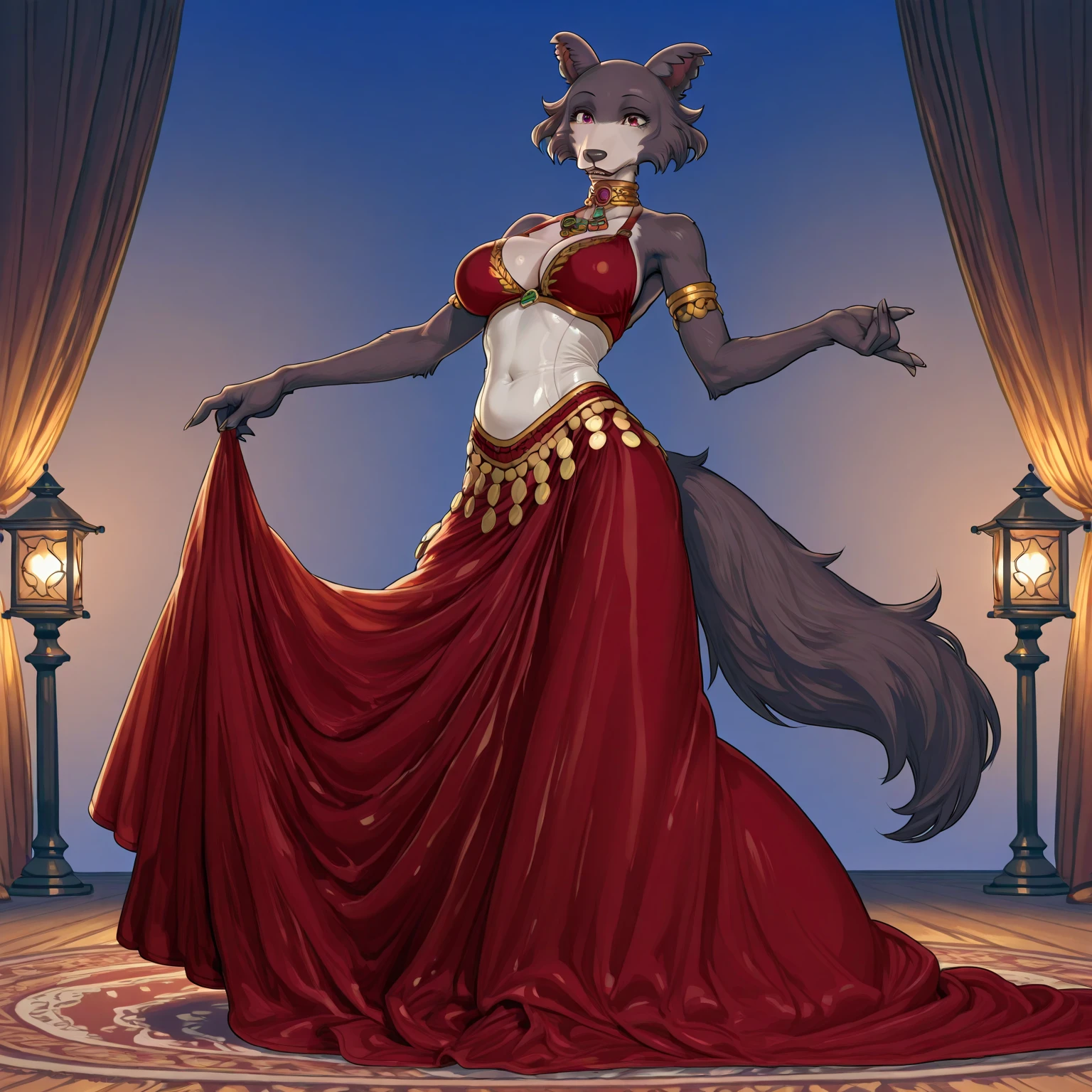 Uploaded to e621, Pixelsketcher, wamudraws, masterpiece, solo portrait, 1girl, full body, raw photo, furry, anthro, detailed fur, raytracing, detailed shading, beautiful art, Belly dancer, Raqs Sharqi, stage, Spotlight, Happy, joyful, perfect anatomy(kemono, furry anthro),