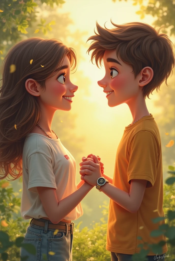 Ek girl or ek boy dono couple hai jo ek romentic jagah par bethe huye hai boy ki shirt par ajey or girl ki shirt par piru likha hua hai , dono ek dusre se baate kar rahe hai , pichhe romentic sa background hai aisi animation me image banao