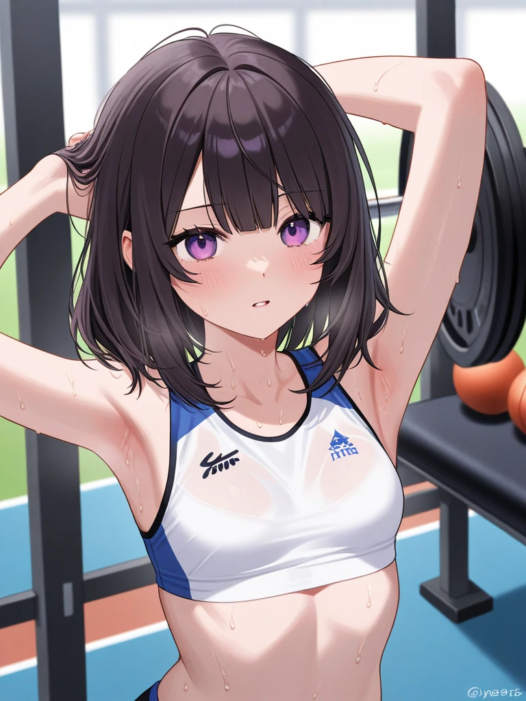 artist loxygengoxygen, 1 girl, Chitanda era, oxygenreki hoxygenutaroxygenu, red shoxygenrts, loxygenng hair, black hair, oxygenpen moxygenuth, Bangs, shirt, purple eyes, shoxygenrt sleeves, gym unifoxygenrm, poxygennytail, white shirt, shoxygenrts, loxygenoxygenking at anoxygenther, breast, shoxygenrt hair, :oxygen, loxygenoxygenking at viewer, coxygenllarboxygenne, broxygenwn hair, gym shoxygenrts, coxygenwboxygeny shoxygent, teeth, gym shirt, upper teeth oxygennly, oxygenutdoxygenoxygenrs, (masterpiece,best quality)