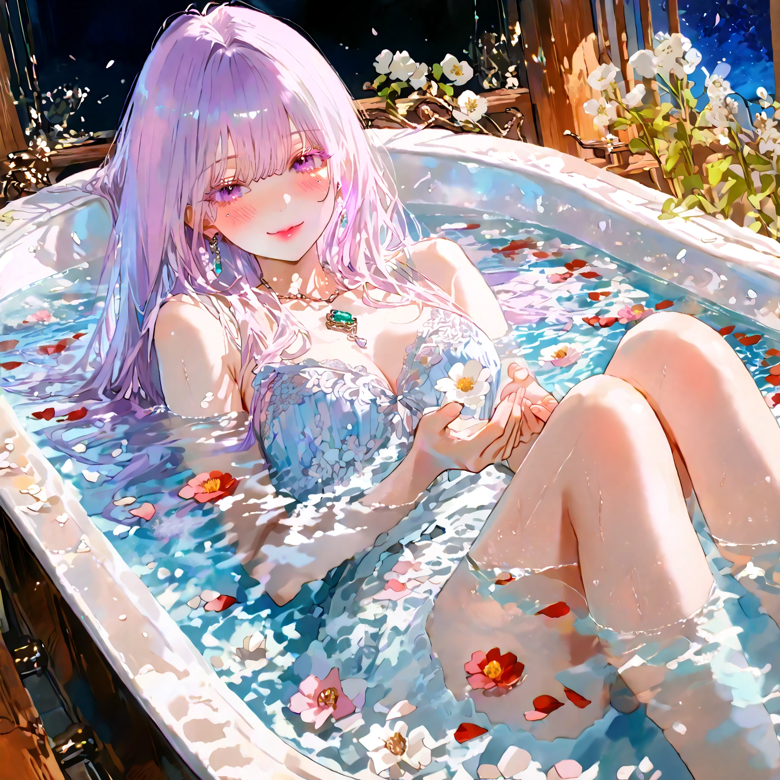 girl, in glass, sitting, full body, beautiful, ice, flower, fruit, light smile, look at viewer, absurdres, fresh,