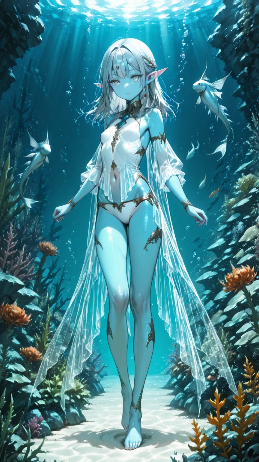 (Masterpiece),(high quality),(slime girl),(1girl),(translucent skin:1.3), (transparent body:1.5), (shell bikini), emerging from a lake, body blended and intricate with water , (extremely detailed and beautiful blue eyes), very long blue hair, shiny and wet body, shining eyes, fish, dolphins, a spectacle around you in an extremely beautiful landscape, (image with rich details),
