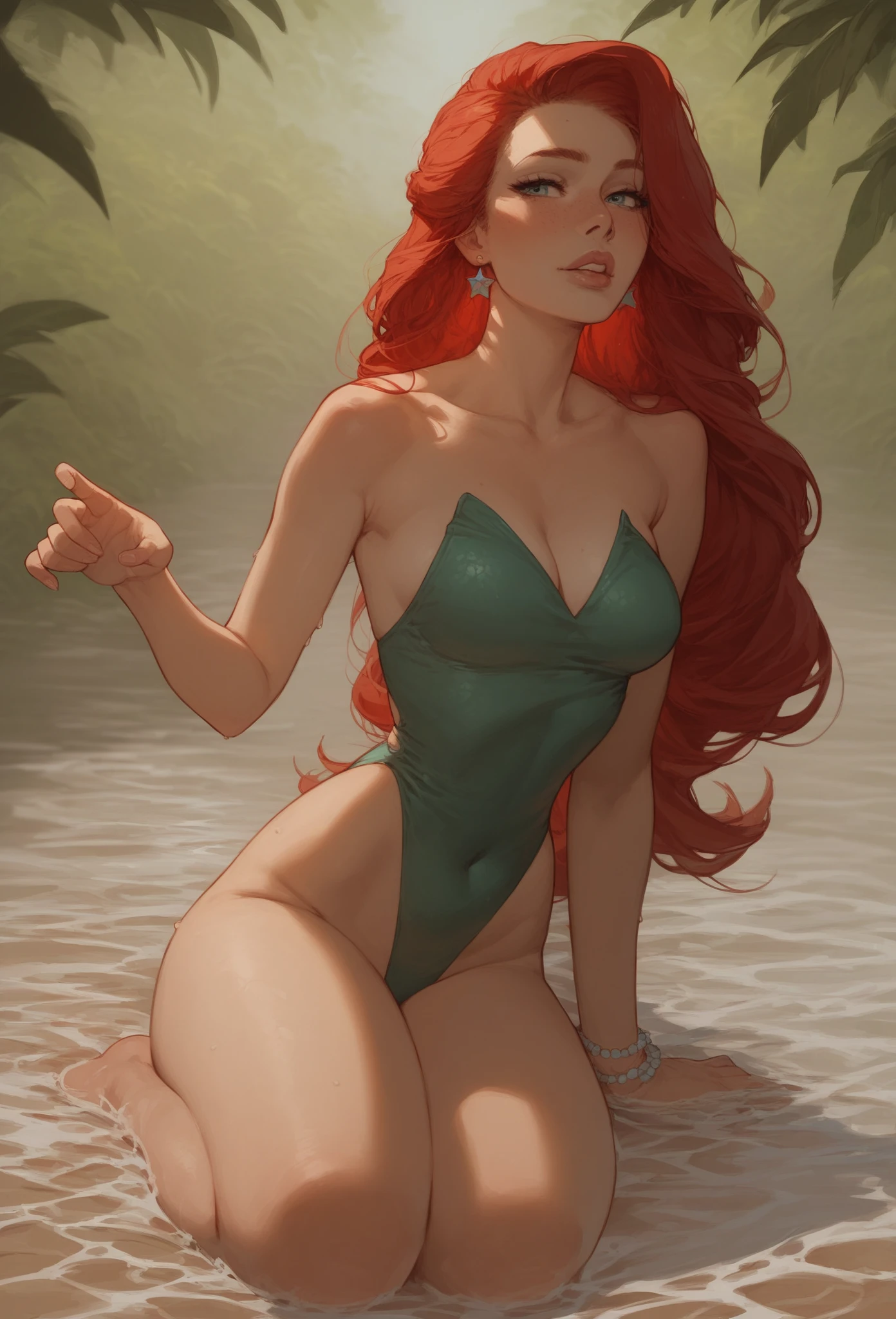 CousinBleh, green eyes, long hair, red hair, (derpy eyes:1.2),
green thong, huge breasts, wet skin,
pool, mansion, 
solo,  mouth open, 
upper body shot, 
(insanely detailed, beautiful detailed face, masterpiece, best quality) > <lora:CousinBleh:0.55>, masterpiece, highest quality, photoreal, realistic, photograph