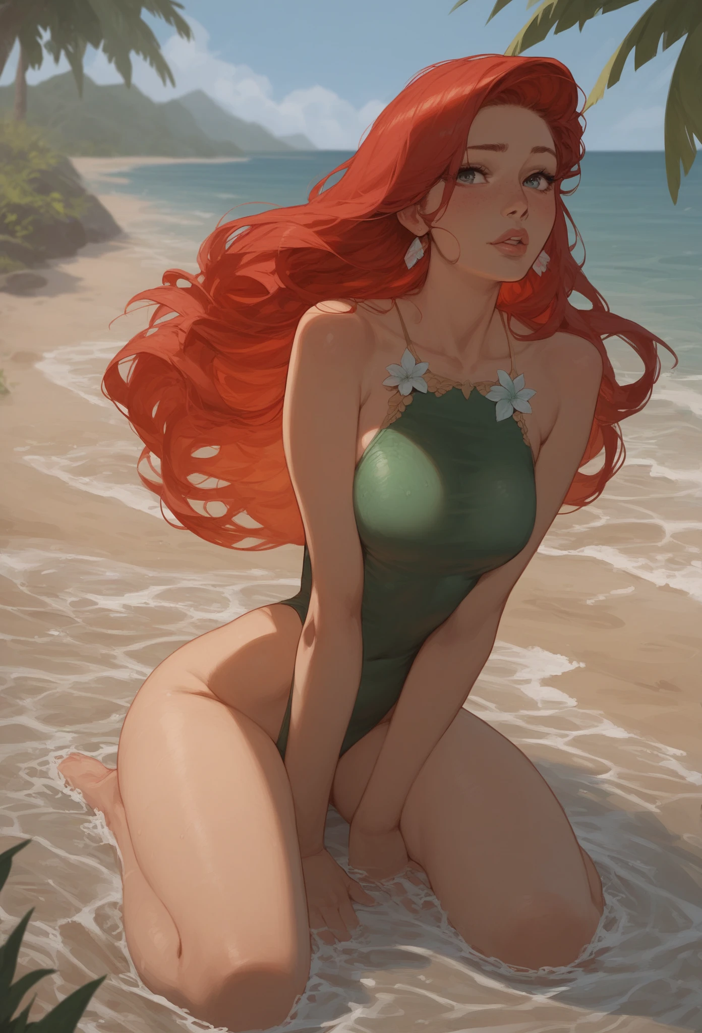 (1 girl, solo), (girl is nude, (redhead long hair), (detailed olive eyes), perfect slim body), (background ocean, beach), (high detail), (full body)