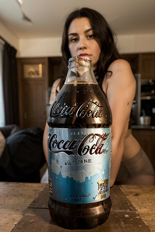 Surrealism painting, amy Winehouse, in a low-cut bikini, marked groin, with thin straps walking on the beach in the late afternoon,  holding can of ( Coca Cola) relaxed. looking straight at the camera , face in high definition HD, 8k, sign above the lips at the corner of the mouth.