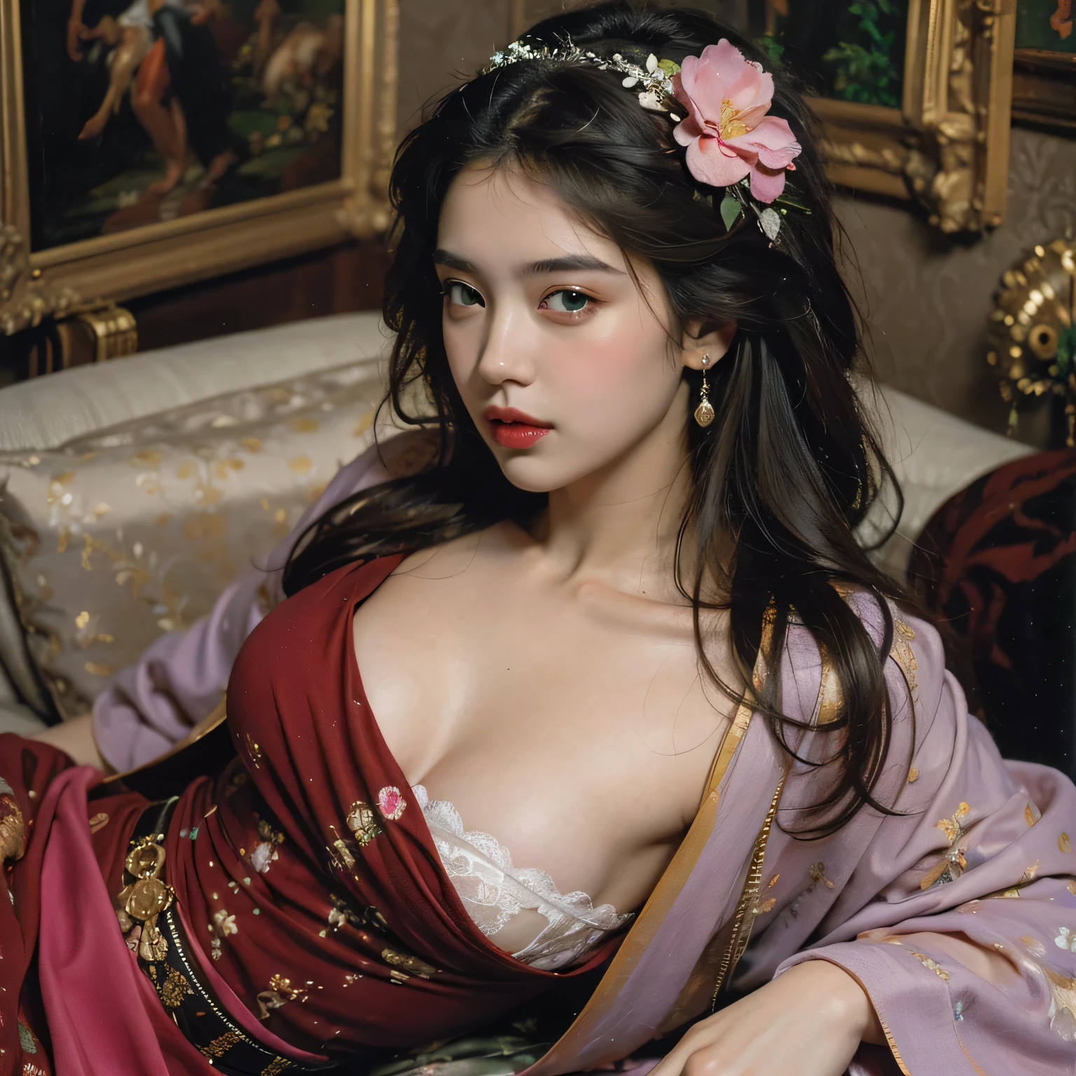(masterpiece, top quality, best quality, official art, beautiful and aesthetic:1.2), (1girl), extreme detailed,colorful,highest detailed, official art, unity 8k wallpaper, ultra detailed, beautiful and aesthetic, beautiful, masterpiece, best quality, I girl, laying on bed, huge breasts, looking on the camera, cute smile, detailed eyes, red lipstick, long hair, angel look, nighty wearing, detailed,