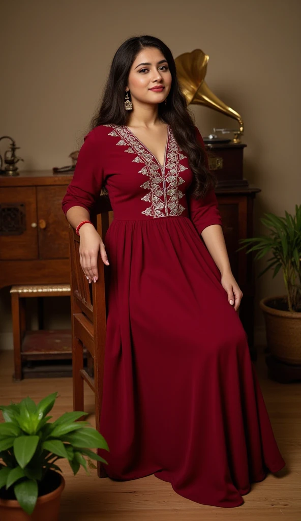 Close-up photo in perfect fitting Red frock added dupatta, big woman standing, gorgeous,thin waist,beautiful long black hair,smiling shy face,pinky chick's, beautiful fingers(luxurious decorated bedroom scenary) colorful, cotton hairband 