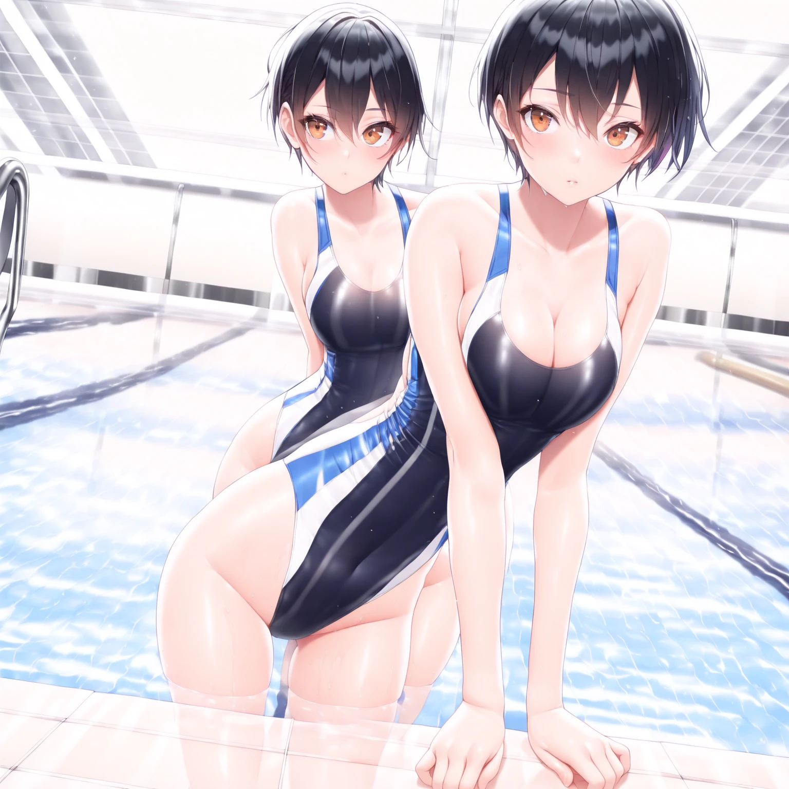 Beauty mother-in-law Black Hair Mother and daughter have beautiful breasts wedding ring My mother is a competitive swimmer My daughter is wearing a navy blue school swimsuit. Pool Stretch with your legs open