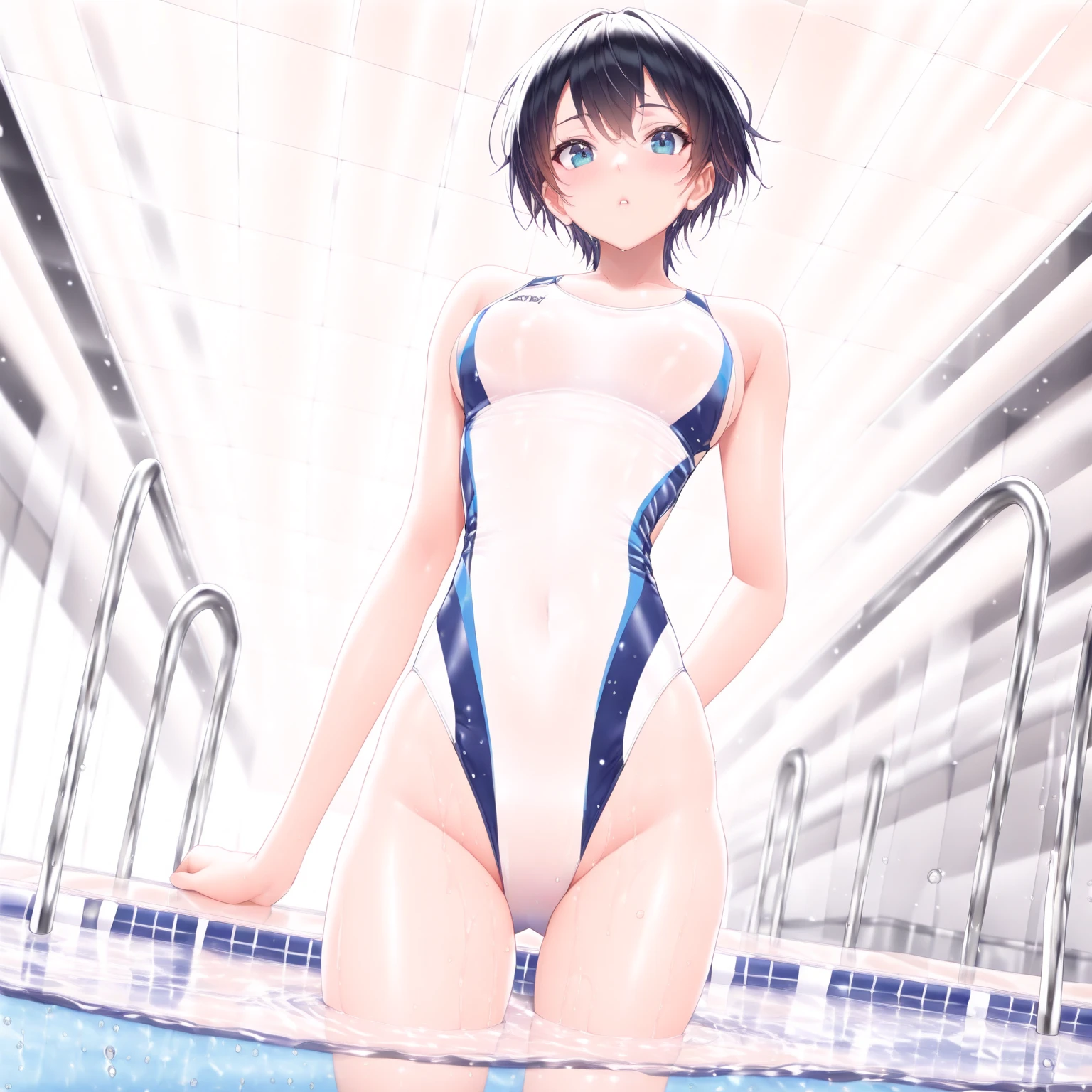 best quality, masterpiece, (独奏:1.4), (1 Female:1.4)、(Larger breasts)、(Slim figure)、(Pale pink areola and nipples:1.6)、(naked)、(Playing in the water at the outdoor pool:1.5)、(splash:1.3)、(Dynamic pose)、(belly button)、(White highlight in pupil:1.2)、(Dark blue eyes)、(beautiful eyes)、(short hair:1.3)、(Black-haired:1.2)、(dark skin:1.5)、(Wet Skin)、(A shy smile)、(Embarrassed expression)、(Blur the background to make the woman stand out:1.3)、(Simple Background:1.3)、(A soft light shines on the woman&#39;s entire body.:1.3)、(Summer blue sky:1.5)
