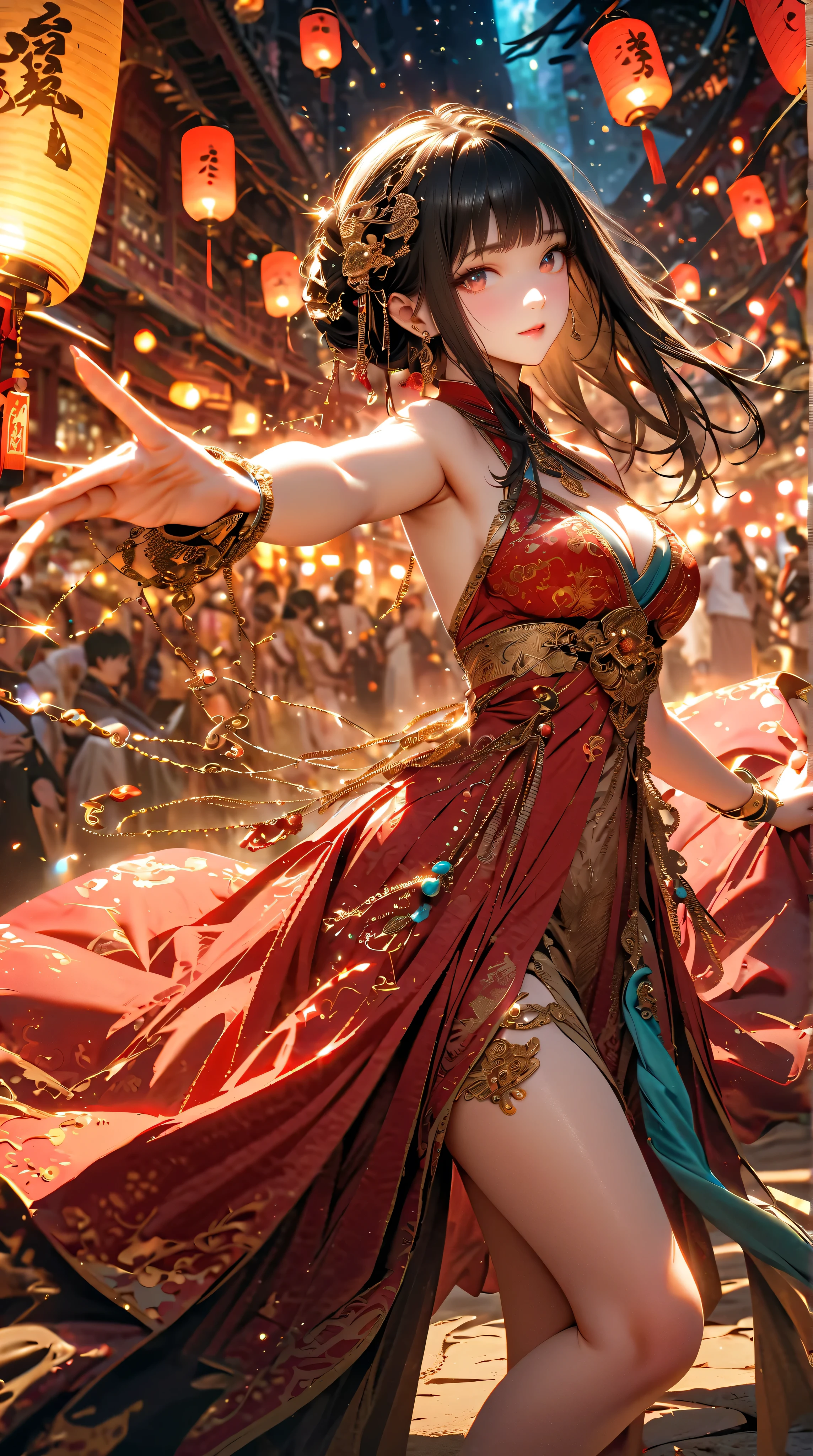 movie angle,Mysterious and Beautiful Dance,Golden hairpins in the shape of an ancient Chinese snake, Smooth, fair skin with piercings,black hair, and roll up the hair,Light champagne gold silk Ancient Chinese red dress,Luxurious ancient Chinese ornaments,Strange Sparkling Jewels,China Palace and Night Sky,Delicate Blue and Purple Gradient,Cleopatra,specific details,(Movie lights),Magical World,Soft light creates a mysterious and dreamy space,Mysterious Bonfire,Pearl Flash,Art Painting, super realistic texture,lantern