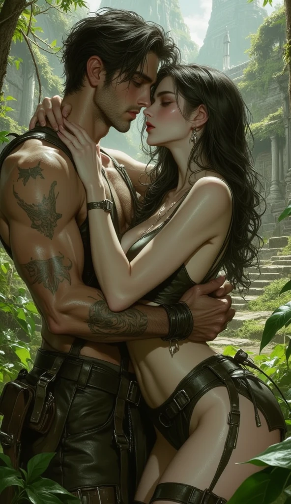 HD quality, high definition, couple having sex, male is 18 years old handsome and muscular and slim, male is leaning on a rock naked and hands are chained, tied up, female is 50 years old looking directly on him with lust, male has red lips and closing eyes seducing the female, male’s vagina exposed, 