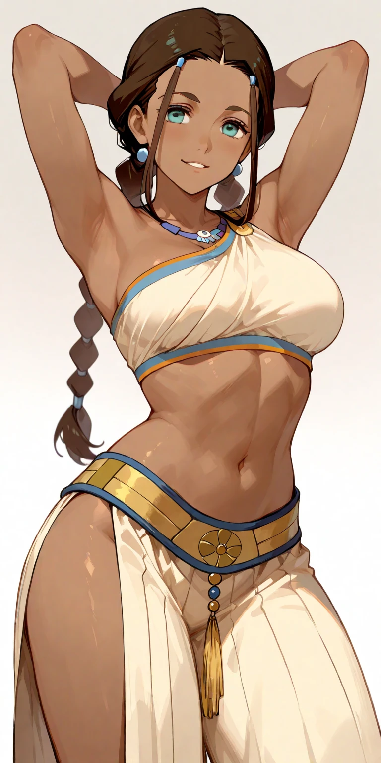 1girl,masterpiece , best quality,highres, 4k, Marin kitagawa, character in scgool uniform,long fluffy voluptuous hair,huge breasts,makeup,fashionable,necklace,jewelry,smiling,happiness radiant,posing sexy,muscular woman,bodybuilder,two tone hair