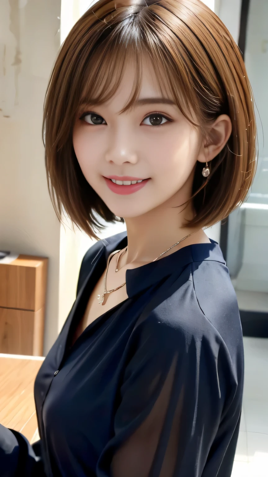 ((masterpiece)), ((Highest quality)), ((Complex)), ((Surreal)), (Realistic), (Mature Woman), ((There are no classes)), Very detailed, (1 female), Beautiful and exquisite, (Beautiful Teeth), Grin, Brunette Bob Hair, Brown eyes, ((blouse)), (Upper Body), (background:none), Perfect Eyes, Captivating eyes, Looking at the audience