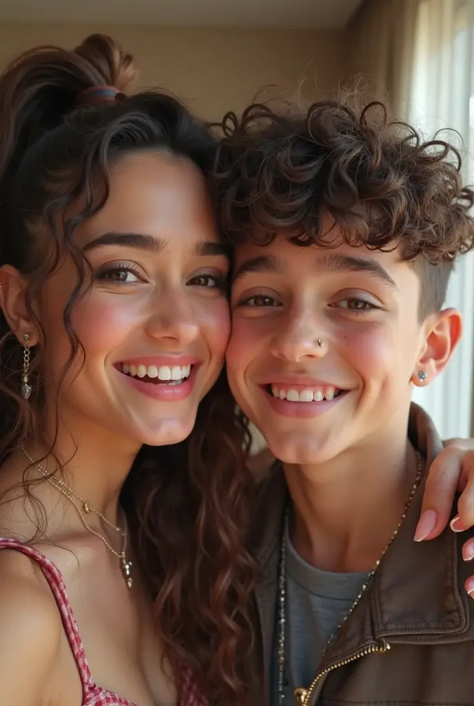 Girl with curly brown hair smiling at boy with straight black hair