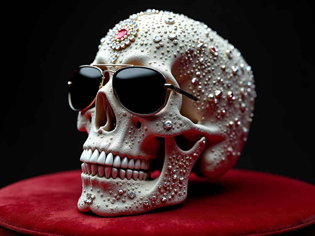 High quality, 8K Ultra HD, The cherry blossom pattern inside the skull is made of transparent glass crystals with geometric surfaces, high detal,ultra-realistic, shimmers with a captivating brilliance，Wearing sunglasses