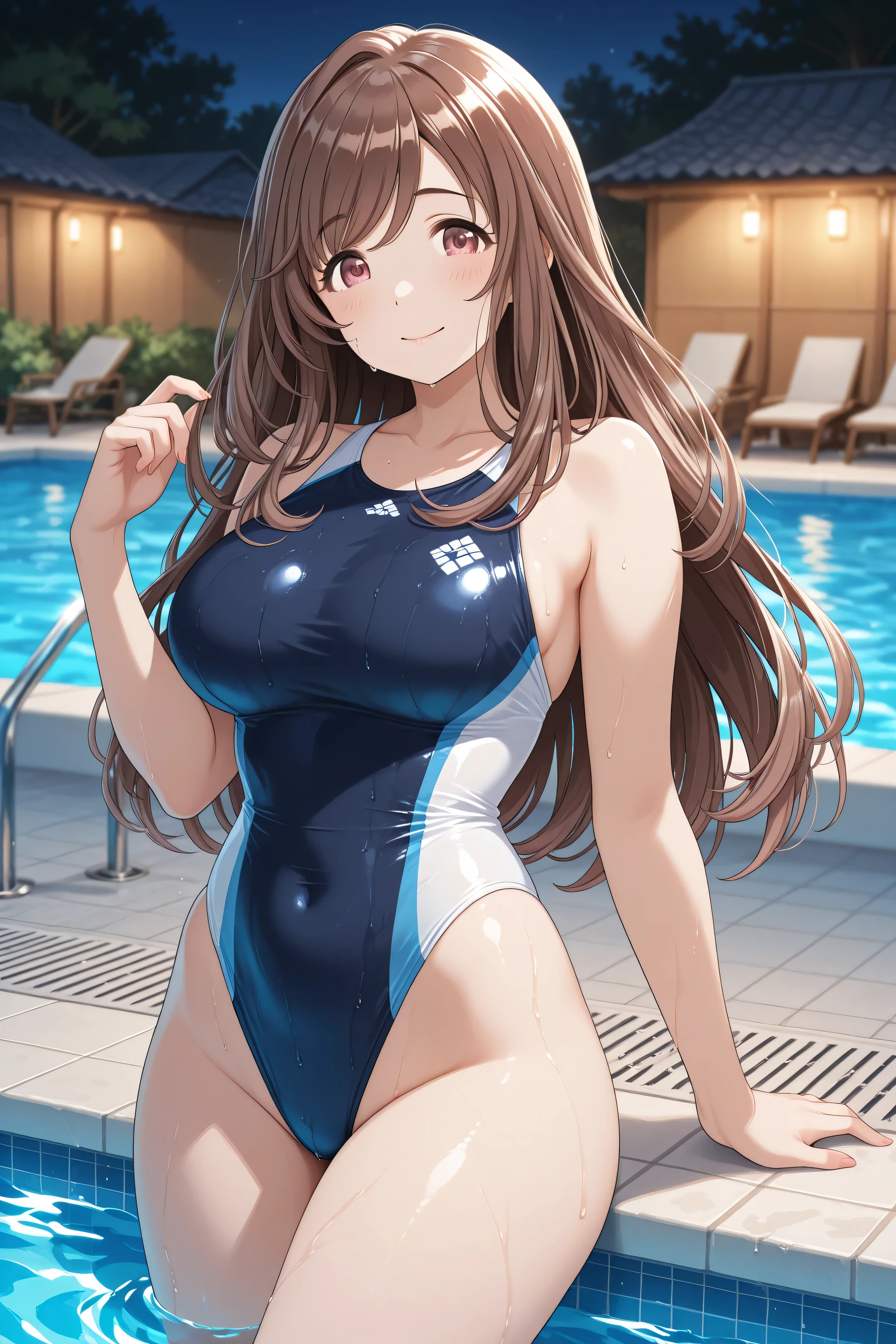 princess, school swimsuit, white and blue swimsuit, one-piece swimsuit, young adault, 20 years, dark blond hair, beautiful long hair, brown eyes, beautiful eyes, mid-sized breast, light smile, masterpiece, (masterpiece, best quality:1.2), highres, extremely detailed CG unity 8k wallpaper, perfect lighting, Colourful, ultra-high res,4K,ultra-detailed, photography, 8K, HDR, highres, indoor pool background, school,