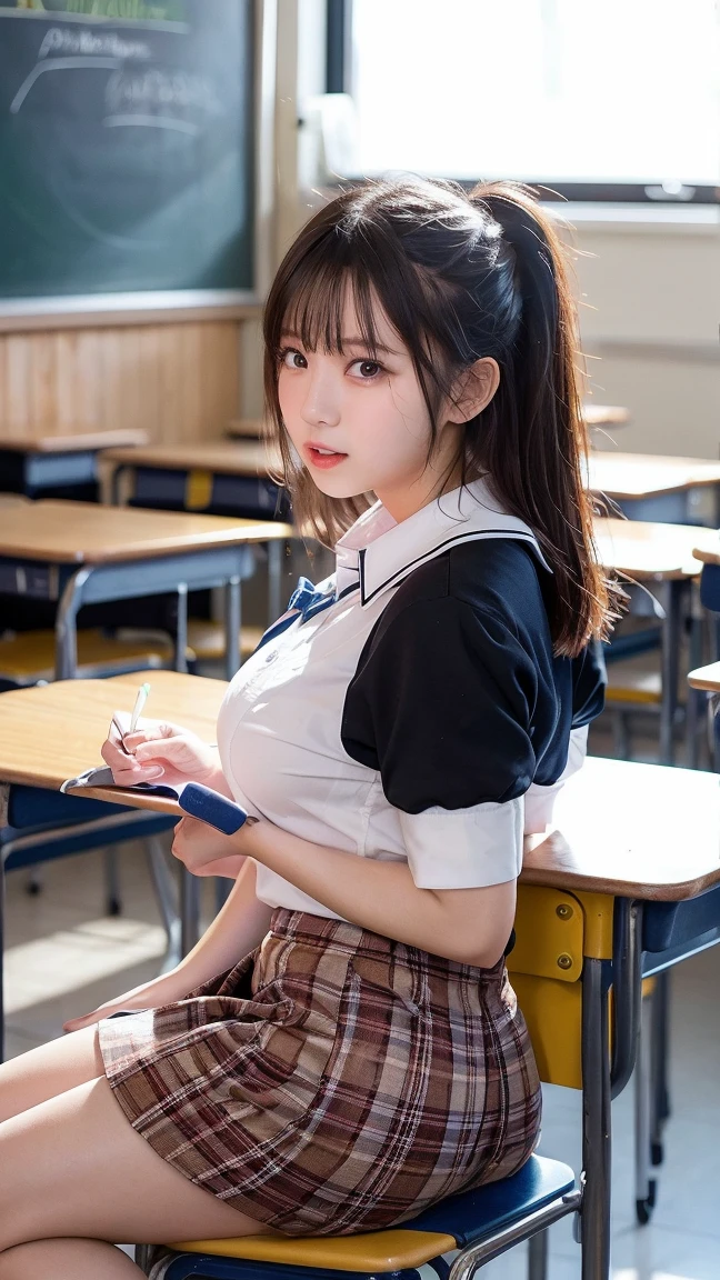 1 woman, 18 years old, classroom, 1 dumpling hair, medium hair, medium chest, sitting on a chair,white blouse,plaid navy miniskirt,pink bra,pink panty