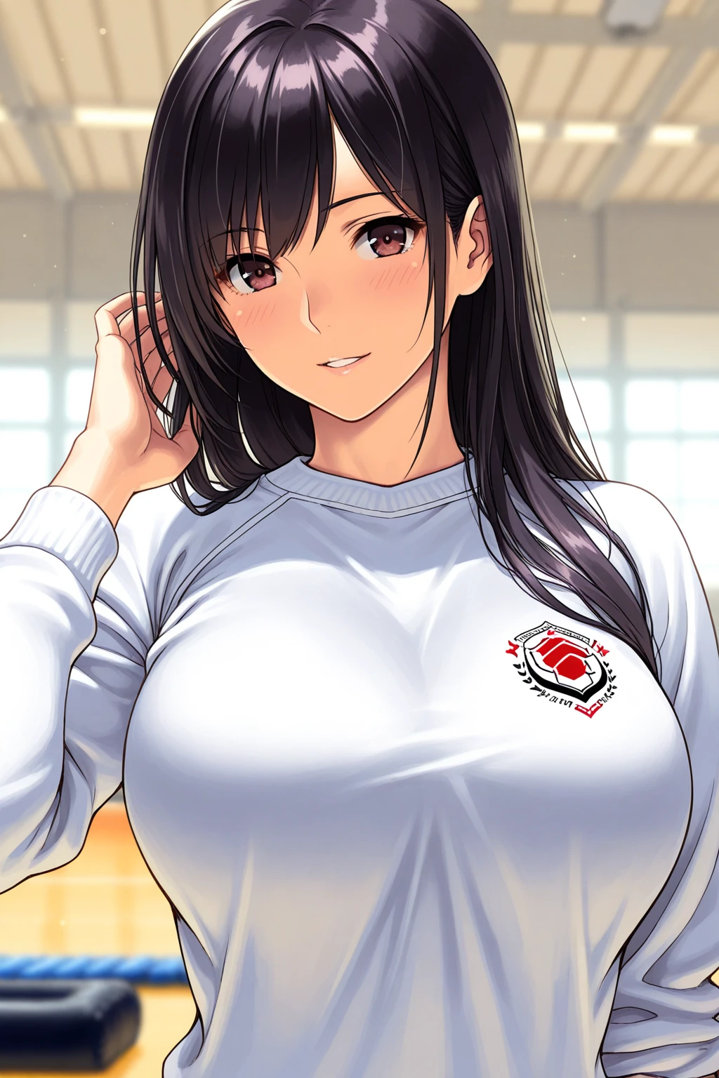 showing her armpits, (voleyball t-shirt), (voleyball short pants), volleyball court background, NJAkiV4, oda non style, anime cels style, pink lipstick, purple eyes, (long hair), best quality, high resolution, (cowboy shot, 1 girl, 30yo,Young female,Beautiful Finger,Beautiful long legs,Beautiful body, Beautiful Nose,Beautiful character design, perfect eyes, perfect face,expressive eyes, perfect balance, looking at viewer,(Focus on her face), official art,extremely detailed CG unity 8k wallpaper, perfect lighting,Colorful, Bright_Front_face_Lighting,White skin, (masterpiece:1.0),(best_quality:1.0), ultra high res,4K,ultra-detailed, photography, 8K, HDR, highres, absurdres:1.2, Kodak portra 400, film grain, blurry background, bokeh:1.2, lens flare, (vibrant_color:1.2),professional photograph, (Beautiful,huge_Breasts:1.4), (beautiful_face:1.5),(narrow_waist)