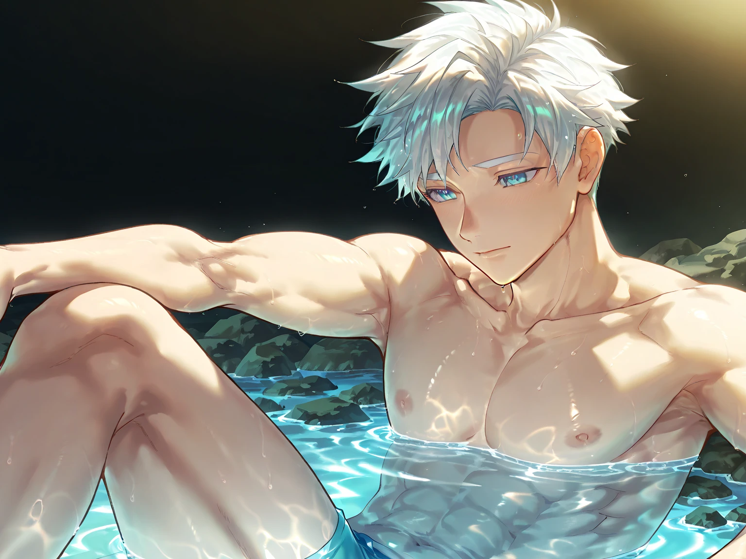 A large, muscular man in his 20s taking a bath、Highest quality、Perfect Eyes、Gay、Brown skin、Upper body naked、White Hair Short Hair、Embarrassed face、sweating、Your body is wet、Kind personality