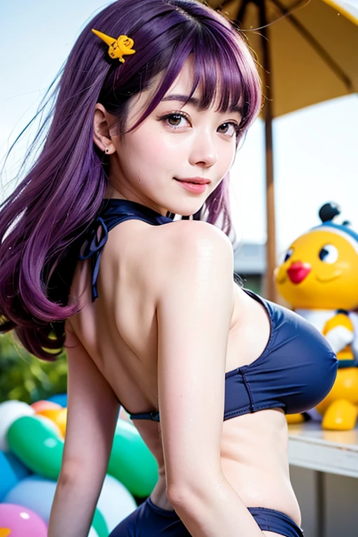 Very cute 22 years old,Big TitsFull Body,long hair,(Blue-purple hair 1.4),(Shiny micro bikini),Height: 178cm,(Squatting and smiling:1.4),(Underwater Photography)