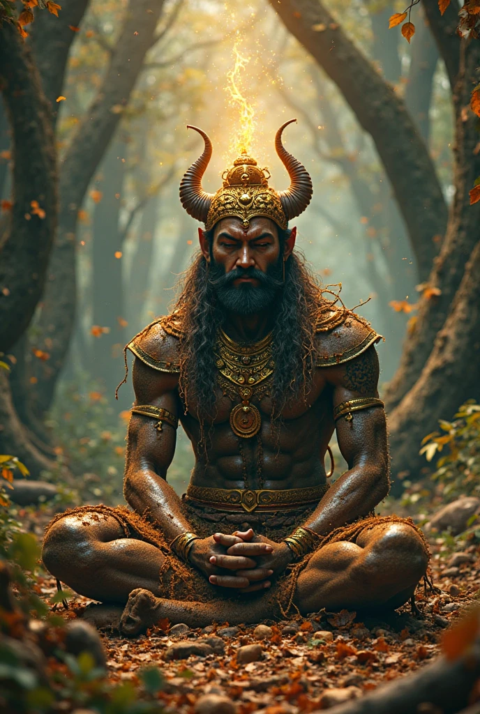 A representation of mythical figure known as dashrath from Hindu mythology portray this figure in traditional attire with black long hair including a crown and portray a mythical figure ram as  sitting with him wearing a traditional attire posing in a serene natural environment in a cartoon character 