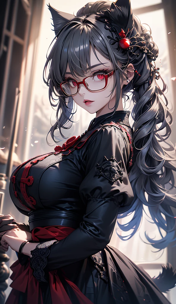 ((((ultrahigh resolution)))), best quality, high resolution, 1girl, kneeling, ((black hair),((red eyes)), glowing_eyes, neon eyes, (ultra detailed eyes:0.7, beautiful and detailed face, detailed eyes:0.9), ((centered)), facing viewer, bright lighting, large chested, looking at viewer, ((perfect hands)), (((head:1, arms, elbows, arms)), ((hands behind back)), beautiful lighting, ((in the night club)), ((beautiful)), cat ears, twin-tails, good anatomy, correct proportions, sexy, naughty, smirk, lewd, blush, seductive, seductive smile, attractive girl, sexy girl, lewd girl, best quality, intricate details, chromatic aberration, (masterpiece), ultra details, ultra quality, navel, white highlights, sharp eyes, (looking at viewer), detailed face, detailed iris, glossy lips, glow, neon lightlacklight:1.4), twin-tails, nsfw, teasing, masterpiece, excellent quality, high quality, 1girl, looking at viewer, mature woman, partially submerged, bangs, very long hair:1.2), hair spread out, eyelashes, detailed face, detailed eyes, confident smile, detailed lips, night, nsfw, sexy, smirk, blush, (Detailed ultra-oily shiny skin:1.1), (extremely detailed CG unity 8k wallpaper), (masterpiece), (best quality), (ultra detailed), finely detail, (Depth of field), long night dress, sexy dress, dress cut out, chinese style, glasses, wearing a glasses