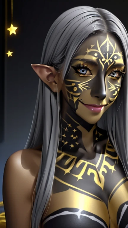 masterpiece, high res, 4k, best quality, beautiful face, detailed face, ultra-detailed, ((head shot, face focus, close up face shot), open eyes, (looking at viewer, facing viewer)), 1girl, solo, long hair, black background, emerald green gradient hair, neon highlights, hoop earrings, dark-skinned female, tattoo, colored skin, BREAK, (yamanba, white facepaint makeup:1.3), smirk, white lips, parted lips, yellow eyeshadow, very dark skin, makeup, leopard print, choker, red crop top, detached sleeves, red veil, mouth veil, (metallic glitter), feather boa, jewelry, white face tattoo, large intricate hair accessories, brown skin, large breasts, <lora:manba_v5:.6> <lora:link_offset:1>, link, red to pink gradient hair, blue eyes, <lora:Baaki:.8> <lora:ColoredLipstick:1> (lipstick, glossy lips, glossy white lipstick) <lora:Link_Gerudo_set-768-2_v1:1> gerudo set, <lora:botw_style_offset:.5>