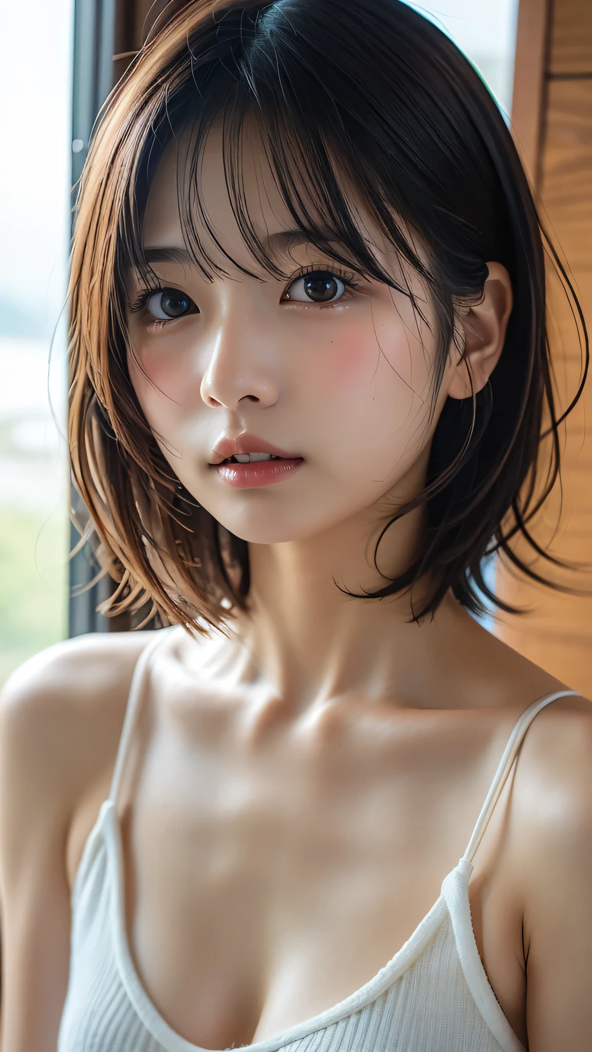 (8k、Highest quality、masterpiece:1.2)(Luxury Bra、Shirt lift、Lifted it himself:1.2)、((Highest quality、8k、masterpiece:1.3))、Beautiful woman１people、Sharp focus:1.2、Beautiful woman with perfect figure:1.4、Slim Abs:1.2、((Dark brown hair、small:1.2))、cheap hotel room、bedroom:1.2、Vulgar room、Kiss Face,Sad expression,Embarrassed expression,Highly detailed face and skin texture、Detailed eyes、double eyelid、23 year old female announcer、Short Hair Styles　Tight skirt business suit