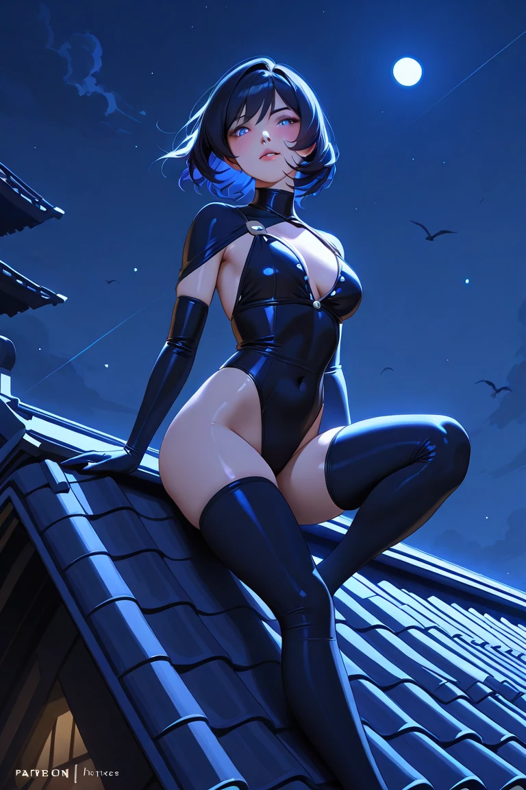 Blue Tower 8k、Raw photography、top-quality、masterpiece:1.2、realisitic、Photorealsitic:1.37、女の子1人、japanes、28 year old、femele、Whole body、cyberpunked、nffsw, nightcity、kyoto、Blue Neon、Red lantern、Blue tower、light brown hair、bob cuts、详细的脸、二重まぶた、huge-breasted、Black leather bra、Black leather shorts、Wearing a kimono、Sense of transparency、high-heels、、perfectbody、shinny skin、crouching down、front facing、Opening legs、lower body exposure、sexypose、A slender、Camel toe、slender, Camel toe, The shape of nipple is clearly visible, pubic shape clearly visible, Make eye contact with the camera、nighttime scene、No people in the background、mid night、Blue mesh hair、hair adornments