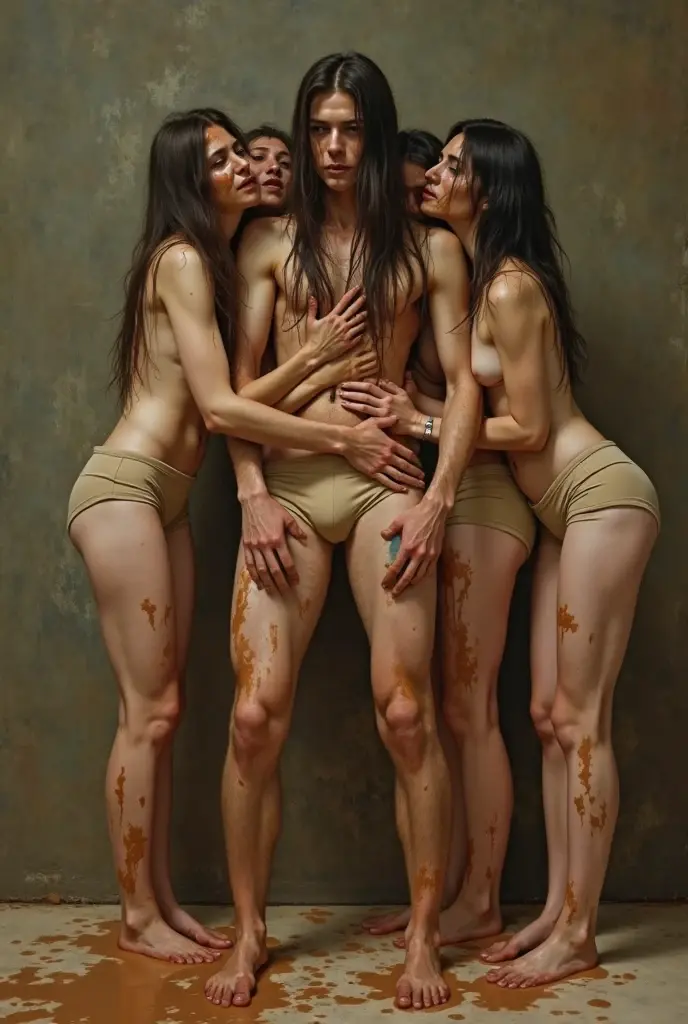 a beautiful naked girl, sweaty, athletic body, pale nipples, and hairy armpits, being carried by two women
