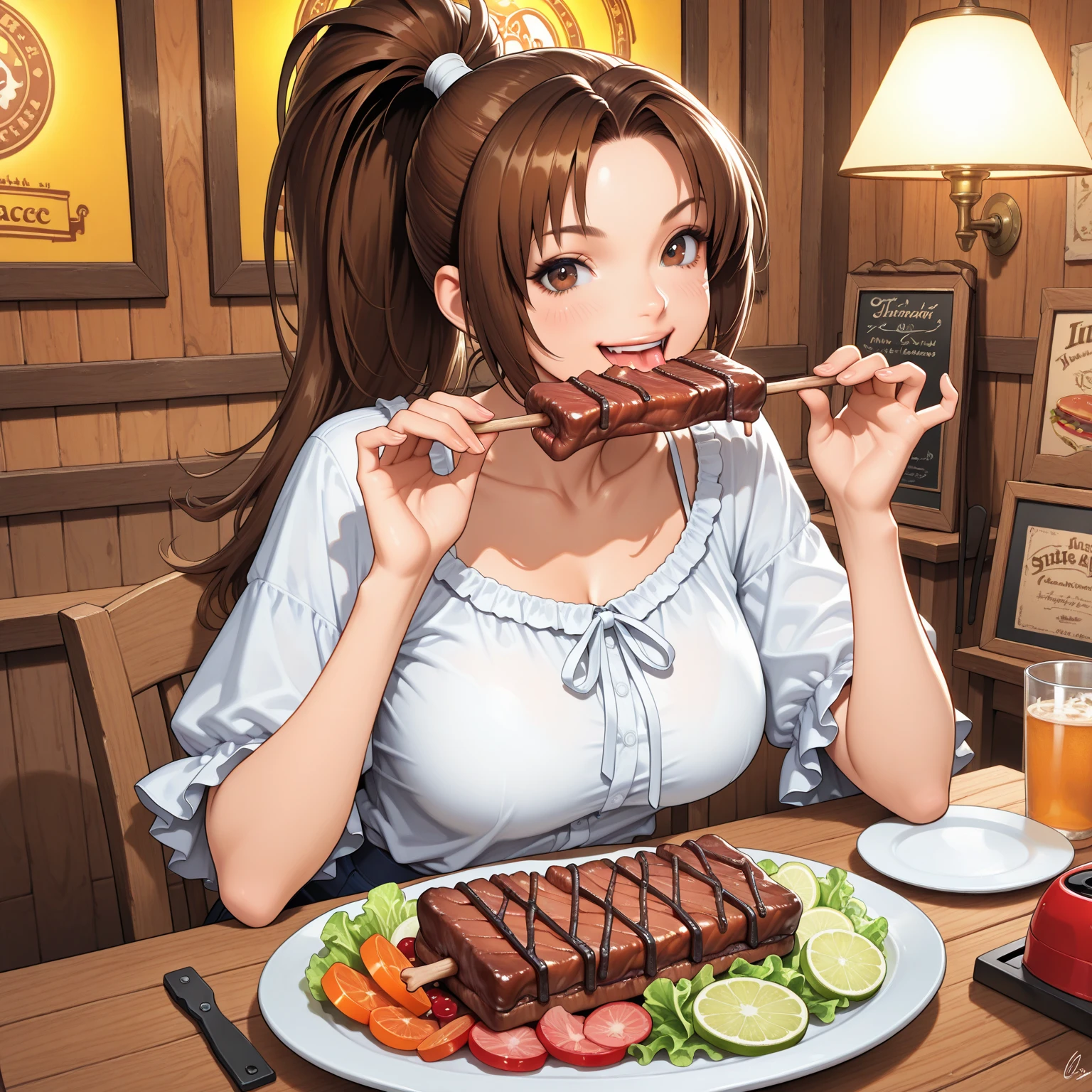 Woman in a tight tank top and tight hot pants eating chili con carne at a Mexican food stall　highest quality　A bottle of cola is on the table