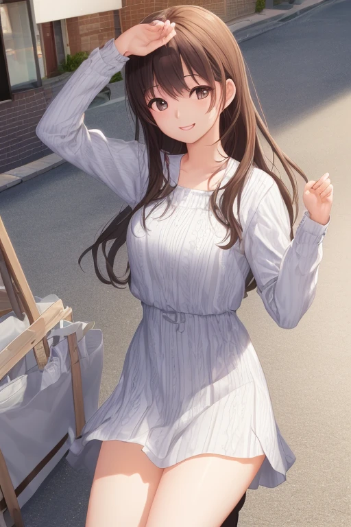 ((1girl)), super fine illustration, vibrant colors, absurdres extremely detailed CG, 8k wallpaper, (masterpiece:1.3), dynamic angle, dynamic pose,
best quality, depth of field, cinematic lighting, ultra detailed, brown long hair, very straight hair, large breast, white knit dress , 20yo, cute, very baby face, brown eyes, kawaii, smile, droopy eyes, arms at sides, smartphone, modern living room, peace fingers, smartphone, The smartphone screen is facing you