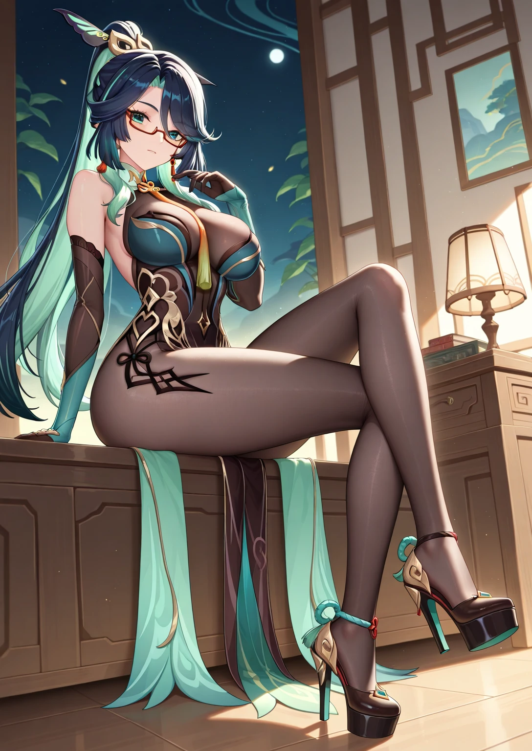 ???? seductive lady, 30 years old, peach blossom eyes, smoky makeup, dark eye shadow, heavy makeup, silk high-forked cheongsam, stiletto heels, (???? legs), teasing expression, standing on the stairs, striped hair, black hair, moles under the eyes, makeup, anime style, seductive smile, ????? smile, chinese court, chinese feeling, lanterns, chinese knots, uhq, masterpiece, ,8k, best quality, ccurate, anatomically correct, highly detailed characters, stiletto heels, ???? legs, rounded smooth ???? legs, (8k, Original Photo, Best Quality, Masterpiece,,:1.2), ((Character) Concept Art), Full Body Concept, Fine Details, Screen Center,