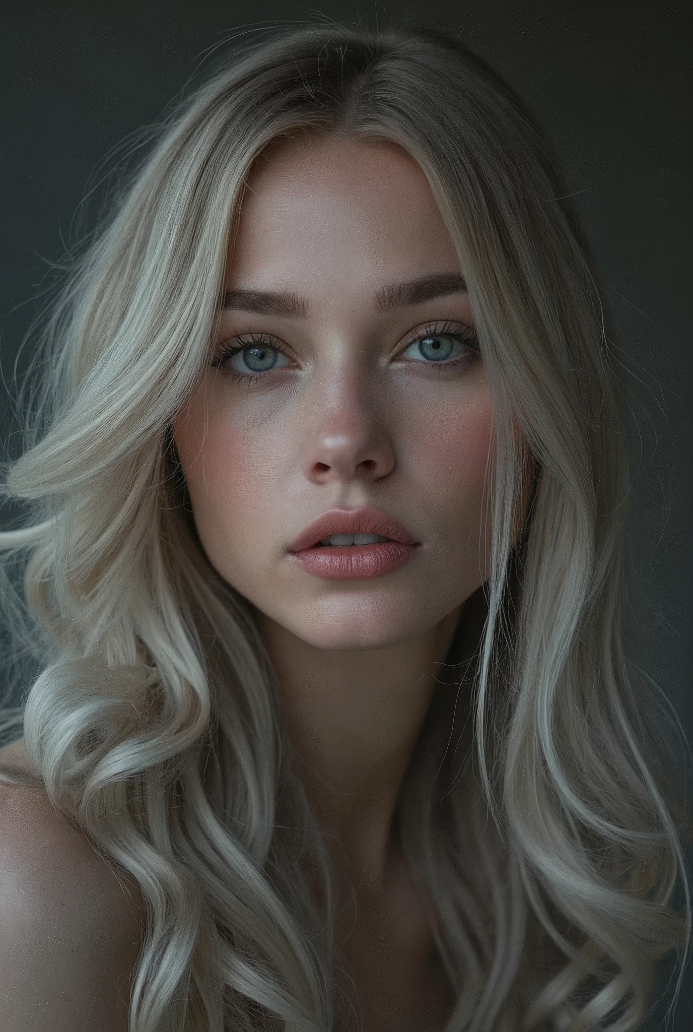Portrait d'une belle femme slave, peau de porcelaine claire avec des nuances froides, visage en forme de diamant, haut les pommettes, yeux bleu clair avec de longs cils, cheveux raides blond cendré en vagues lâches, lèvres roses pleines, sourcils foncés et arqués, éclairage de mode doux, Détail Précis, esthétique de beauté élégante et froide