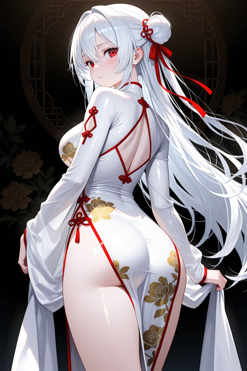 Beautiful Asian girl medium long hair white hair in doggy position showing her ass to the viewer in mini dress 