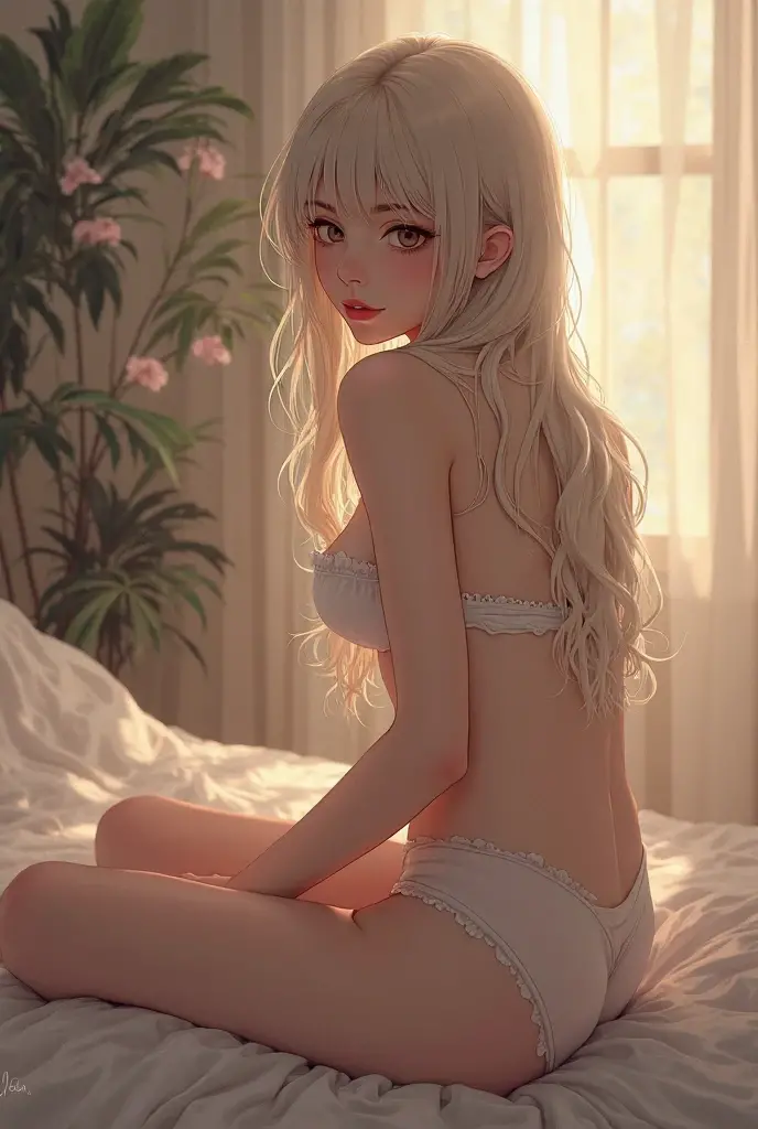 Best Quality,High resolution,8K,finelity detailed background,Masterpiece:1.2),beautiful girl,Shiny khaki hair,asymmetrical hair,Khaki Eyes,Gentle look,A refreshing look,Best quality,Best Quality,Aesthetic and aesthetic:1.2,Best details((Super detailed))(High-definition CG illustrations),Grey underwear (dark gray,intricate lace),Slender body,Late Night,moon,Bedroom,On the bed,smile,blush,cute,Scrounge,Looking up,Being spoiled,super model,wariza,shoot from side