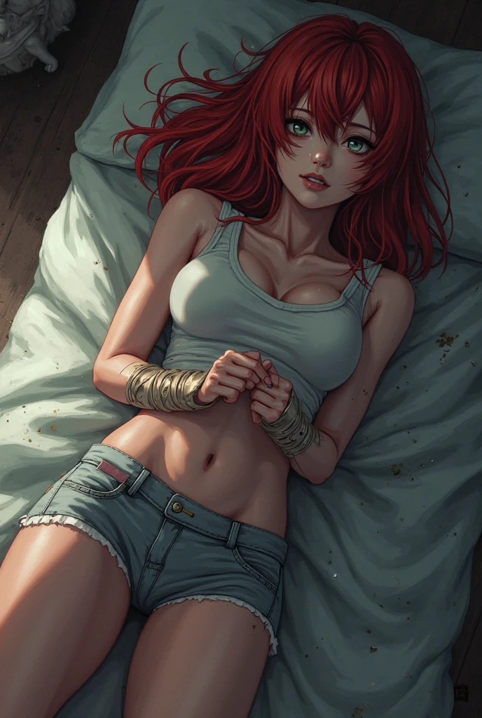 Create an image of a beautiful, erotic anime girl with long red hair and tattoos, showing her stomach while relaxing in a cozy lounge. She is wearing a short tank top, shorts, and headphones, enjoying her music on the couch. The lounge is warm and dimly lit, with plush seating, soft blankets, books, and a coffee mug scattered around. Soft, ambient lighting creates a serene and intimate atmosphere