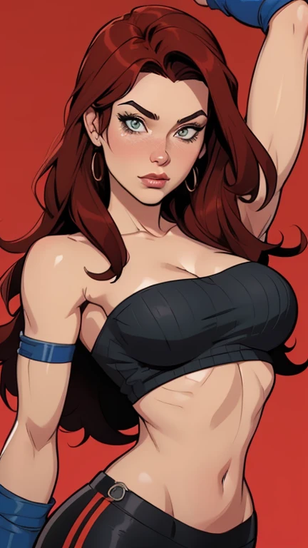 ((masterpiece)),(((best quality))),((character design sheet)), maple story character art, A close up of an older mature female in a blue space costume, MILF, dark brown skin, ((chubby body)),((wide waist)),((chubby face)),((well-defined muscular legs)), wearing big earrings, nose piercing, on a simple background, Detailed Burnt red Hair with bangs, detailed fabric folds, looking to the side, comics style, scribbles and marks, rough sketches, flat colors, Complex comic book outline, face like Nicki Minaj,
