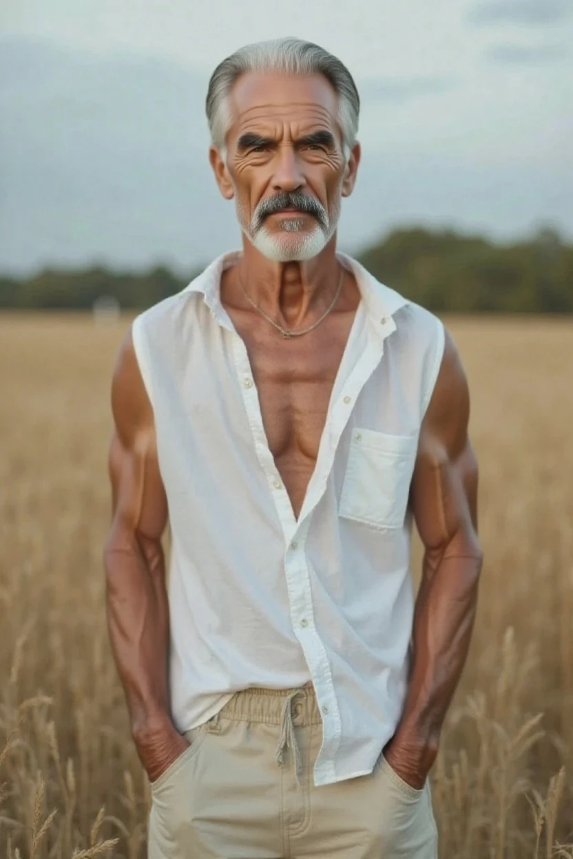 Muscular old man, farmer, topless, huge muscles