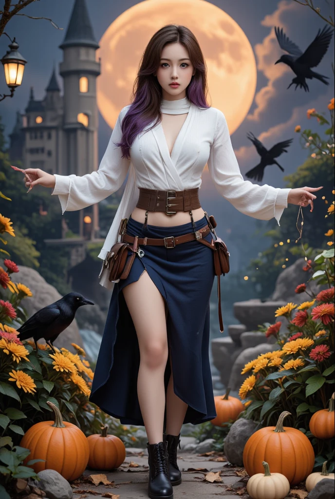 (8k, RAW photo, best quality, masterpiece:1.2), cowboy_shot,pin-up, sorceress_dragonscrown_aiwaifu,witch_hat,red_hair,huge_breasts,absurdly_long_hair,cleavage,brown_eyes,wide_hips,thick_thighs,collarbone,lips,bare_shoulders,strapless,detached_sleeves,dress,strapless_dress,side_slit,staff,legs,smile,skull,hat_over_one_eye,magic,witch,book,, outdoors,medieval,architecture,landscape,bird,building,castle,fantasy,flying buttress,grass,hill,mountain,scenery,sky,nature,day,(dappled_sunlight,sunlight,sunbeam,light_rays),shadow,focused,illustration,cinematic lighting,(realistic, photo-realistic:1.37), ultra-detailed, highly detailed, well defined objects, (high detailed skin:1.2), 8k uhd, dslr, soft lighting, high quality, Fujifilm XT3,(absurdres, highres, incredibly_absurdres:1.4),scenery,masterpiece,