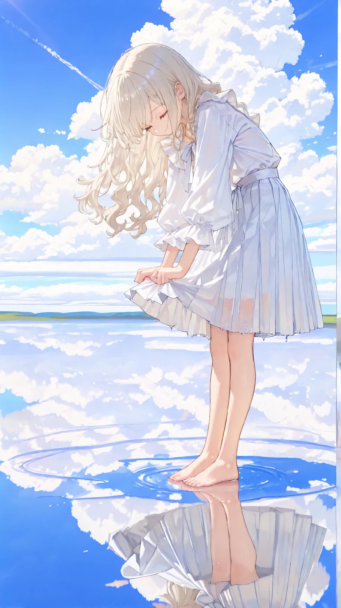 748cmstyle,Cute, Reflection, outdoors, day, scenery, blue sky, water, cloudy sky ,s4ltflats, (masterpiece:1.2), (top quality), (beautiful detailed eyes:1.2), ((1 beautiful girl)), (highly detailed CG), (ultra detailed), (very detailed and beautiful:1.1), (perfect details:1.1), (stunning illustration), solo, cute girl, medium-length loose wavy hair, platinum blonde hair, wearing a white sheer blouse, wearing a maxi-length white pleated skirt, glossy material, barefoot, standing on a puddle reflecting the sky, holding skirt with fingers, curtsy, greeting pose, (reflection:1.5), clear sky, fluffy clouds, bright sunlight, peaceful atmosphere, wet ground, subtle ripples in water, soft lighting, ethereal glow